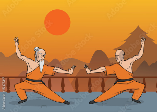 Two monks practicing kung fu or wushu, Shaolin monastery. Chinese martial art. Vector illustration.