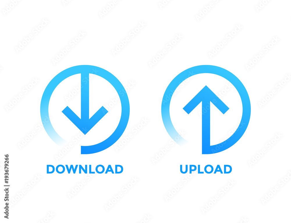 download, upload icons with arrow in circle, blue on white - obrazy, fototapety, plakaty 