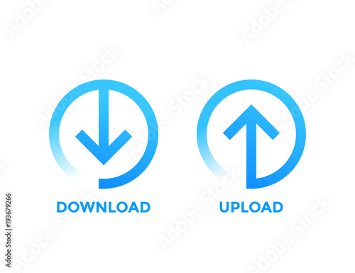 download, upload icons with arrow in circle, blue on white