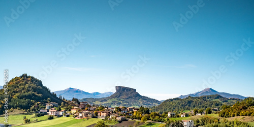The Pietra di Bismantova (Stone of Bismantova) viewed from road SS63. Reggio Emilia province, Emilia Romagna, Italy.