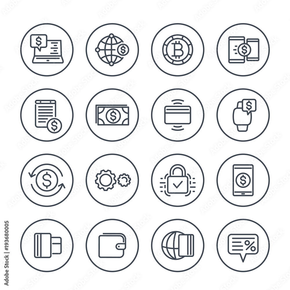 Payment methods and internet banking icons set on white in linear style Payment methods and internet banking icons set on white in linear style