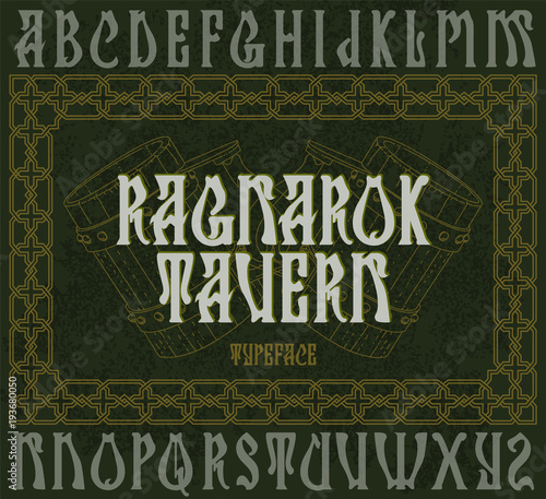 "Ragnarok tavern" - typeface design. Medieval style font with vintage beer mugs illustration.