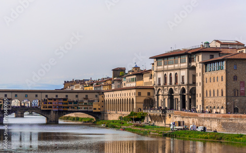 Florence's historic centre, views over the Golden bridge Ponte Vecchio and Uffizi gallery