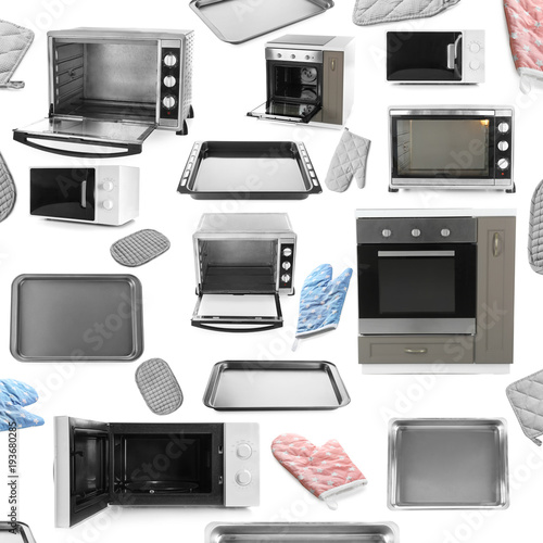 Set of different ovens and kitchenware on white background