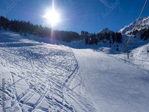 Landscape of ski slopes and mountains in Family Park of Courchevel, France. January, 2018