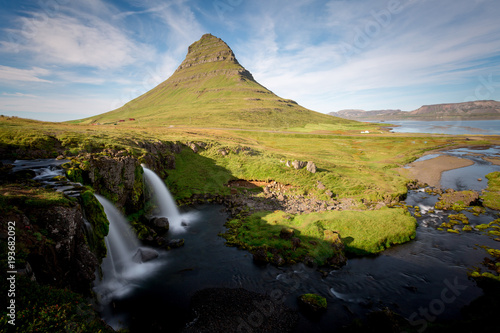 Kirkjufell and waterfall, green landscape. Snaefellsnes peninsula, Iceland © ronnybas