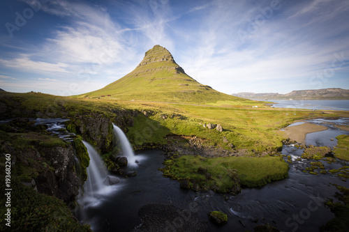 Kirkjufell and waterfall, green landscape. Snaefellsnes peninsula, Iceland © ronnybas