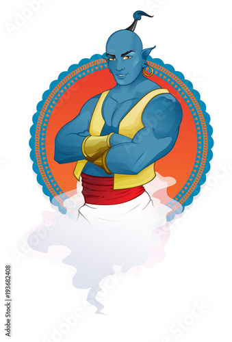 Jinn mascot illustration. Stylish blue skin jinn on ornament circle background. Good for posters, stickers, t-shirt prints and label design.