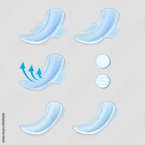 Woman hygiene pads set. Vector illustration of sanitary menstruation pads.	