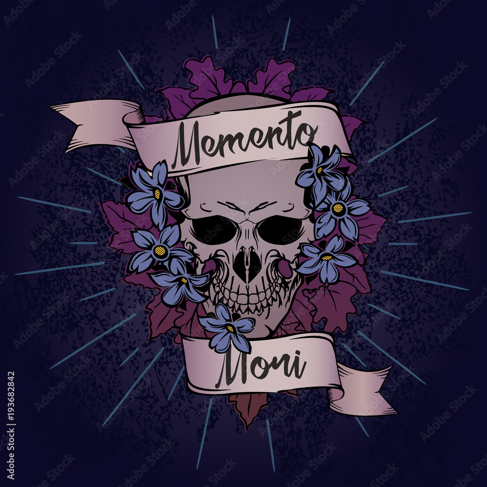 Vecteur Stock Skull in flower bouquet with ribbon on grunge background and 