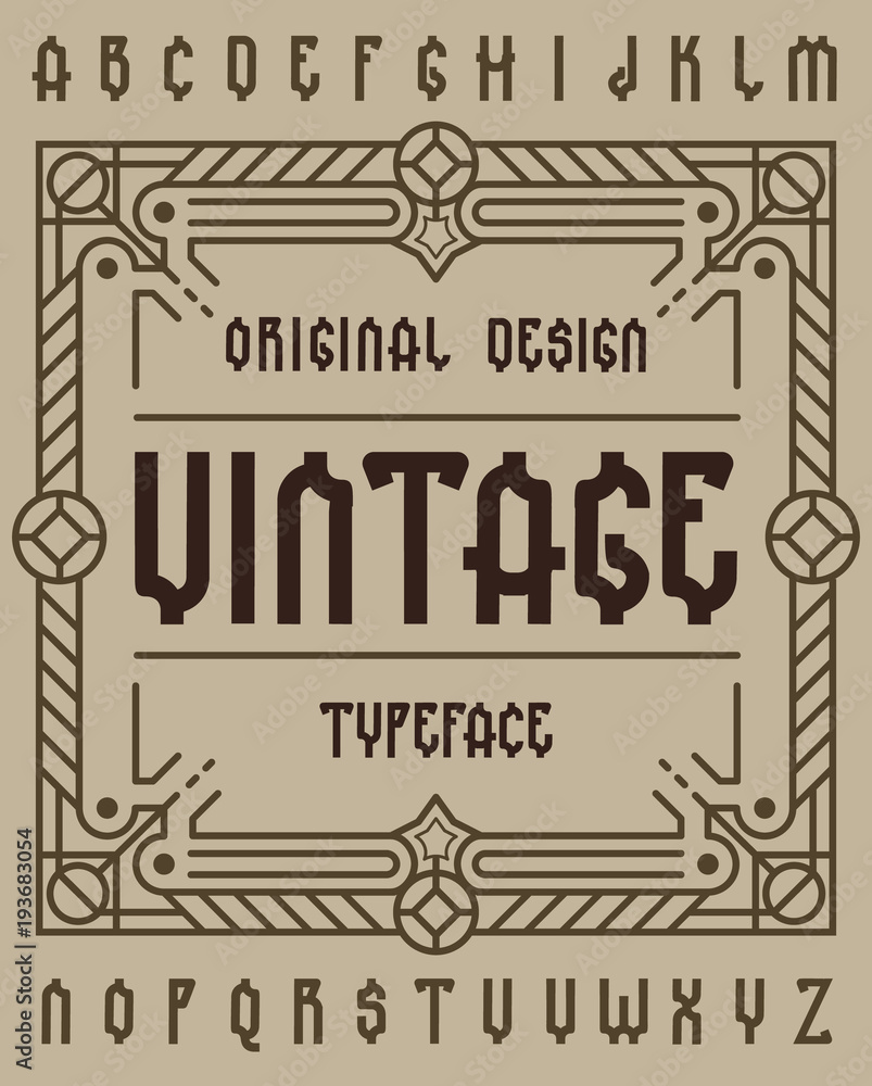 Retro typeface set with decorative ornament frame for making label design.