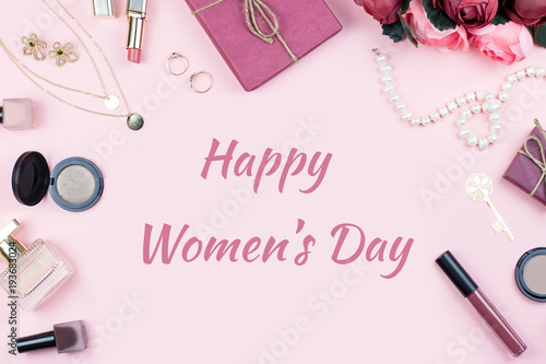 Happy Women's Day greeting card with fashion accessories in background.