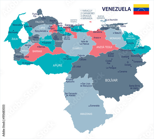 Obraz na plátne Venezuela - map and flag - Detailed Vector Illustration