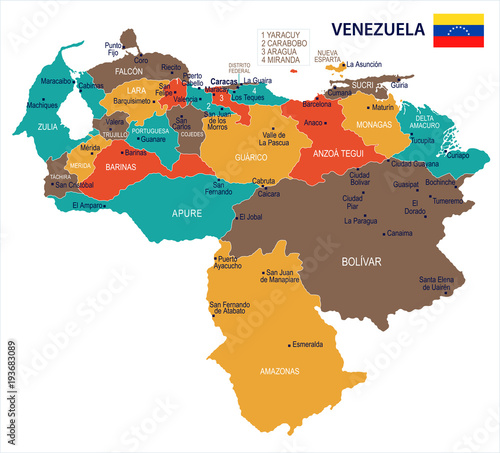 Fotografia, Obraz Venezuela - map and flag Detailed Vector Illustration