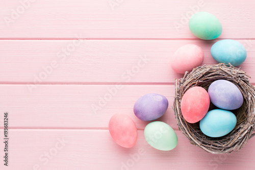 Pastel Easter eggs background. Spring greating card. photo