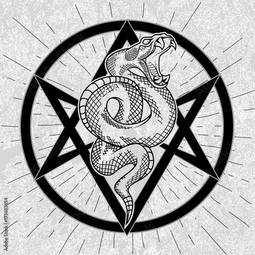 Viper snake in thelema hexagram . Hand drawn illustration in outline technique with star rays, thelema sign and grunge background. Satanic, occult symbol.