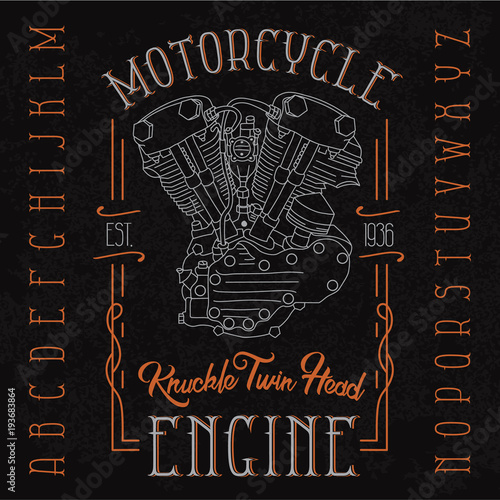 Stylish retro font set with knuckle twin head motorcycle engine. Biker poster, t-shirt design with on grunge background. 