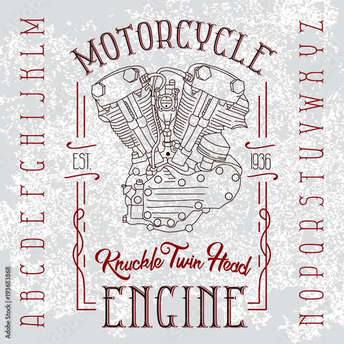 Stylish retro font set with knuckle twin head motorcycle engine. Biker poster, t-shirt design with on grunge background. 