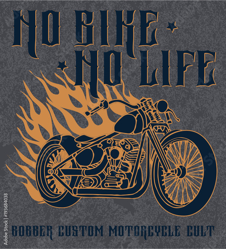 Hand drawn classic bobber bike in ink style. Retro motorbike illustration on grunge background. Custom motorcycle logo. Biker club sign. Garage label.