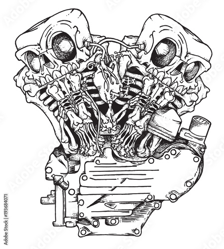 Stylized knuckle twin motorcycle engine. Handcrafted mascot of engine performing like twin skeletons in ink technique. Biker poster, t-shirt design, tattoo idea.