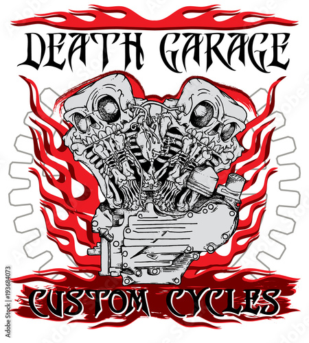 "Death garage custom cycles" poster with motorcycle engine performing like twin skeletons in ink technique. Biker poster, t-shirt design, tattoo idea.