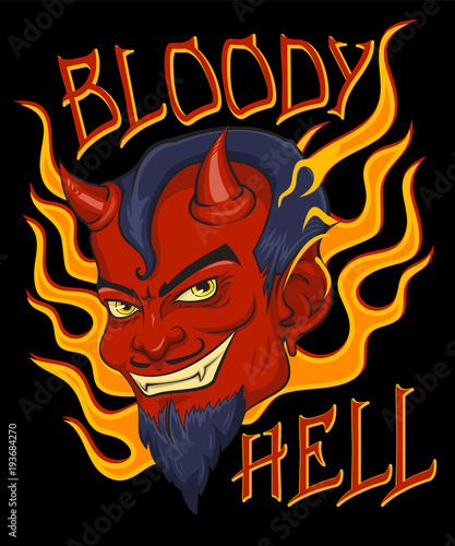 "Bloody Hell" T-Shirt design, poster art. Red face devil with flames and vintage background.