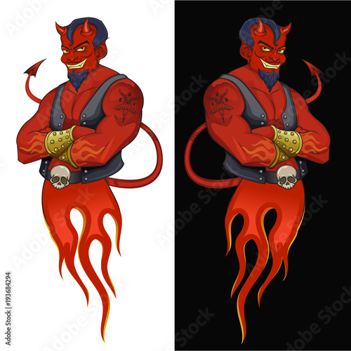Devil mascot illustration. Stylish red skin devil on black and white background. Good for posters, stickers, t-shirt prints and label design. 