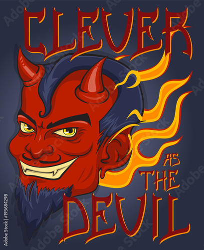 "Bloody Hell" T-Shirt design, poster art. Red face devil with flames and vintage background.