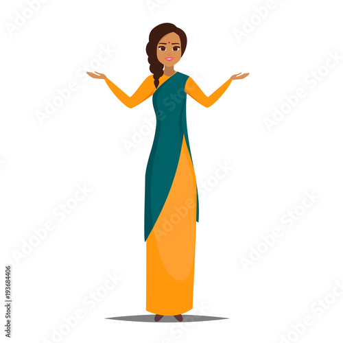 Cartoon business indian woman character with present pose. Smiling girl pointing left. Young indian woman wearing saree. Vector illustration isolated from white background