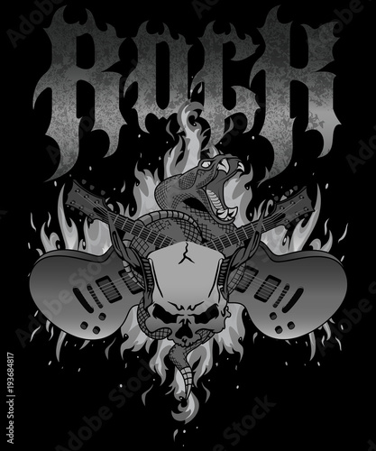 "Rock". Poster design with flames, crossed guitars, rattle snake and horned skull. Good for posters, t-shirt prints, stickers.