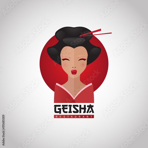 "Geisha" restaurant logo. Design elements with flat portrait illustration of Japanese girl in traditional kimono.  