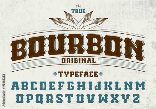 True bourbon typeface. Alcohol label font with ornament and corn illustration on grunge background.