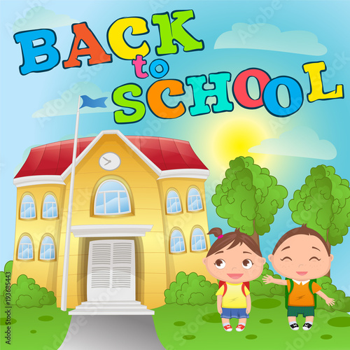 "Back to school" colorful poster illustration of school with happy kids, pupil. Good for posters, stickers, banners.  