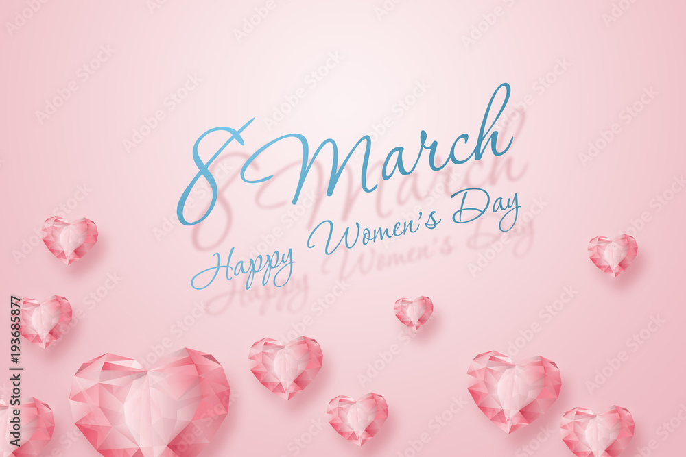 March 8, International Women's Day. Celebration concept, banner, poster, invitation, pink background, diamonds of the heart.