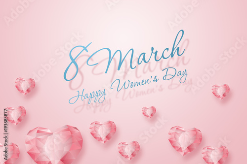 March 8, International Women's Day. Celebration concept, banner, poster, invitation, pink background, diamonds of the heart.