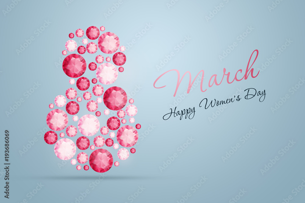 International Women's Day, March 8. The figure 8 is made up of pink diamonds, precious stones. Celebration concept, banner, poster, invitation, background. International Women's Day, March 8. The figure 8 is made up of pink diamonds, precious stones. Celebration concept, banner, poster, invitation, background.