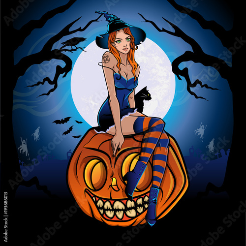 Halloween Greeting Card of sexy pinup witch with black cat sitting on smiling pumpkin.