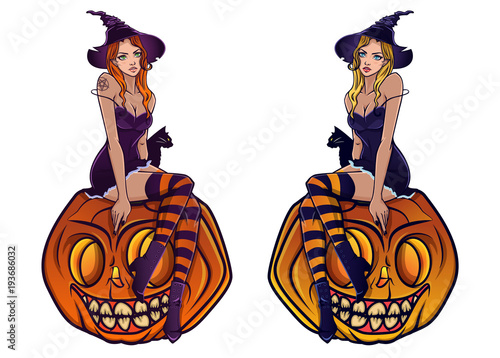 Witch on pumpkin mascot vector illustration. Sexy pinup witch with black cat sitting on smiling pumpkin.