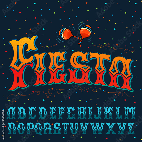 "Fiesta" typeface set. Hand crafted font for festival or celebration events in traditional Mexican style.