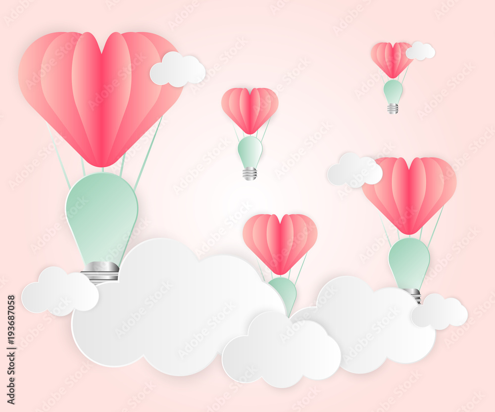 Love card abstract idea light bulbs heart pink paper overlap style balloon red floating on the air : white cloud paper cut.For template thinking idea business or when you have an idea to love.Vector