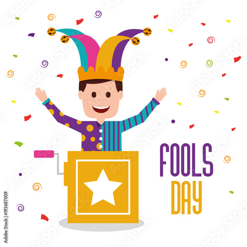 fools day man joker in the box prank vector illustration