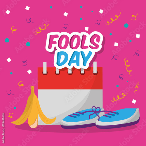 fools dar card invitation prank shoe banan peel and calendar vector illustration