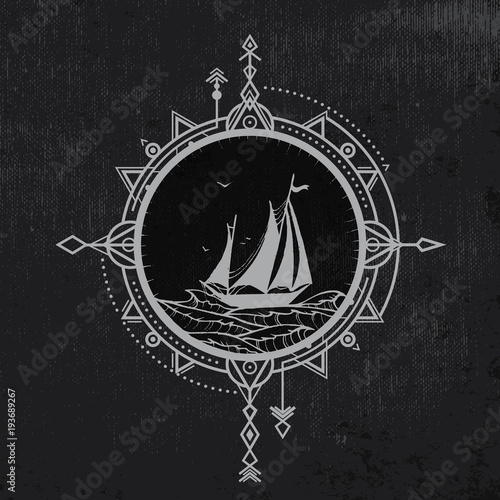 Sailboat in the sea and wind rose. Compass vector illustration in tribal technique and sailboat on the waves of sea on grunge background.