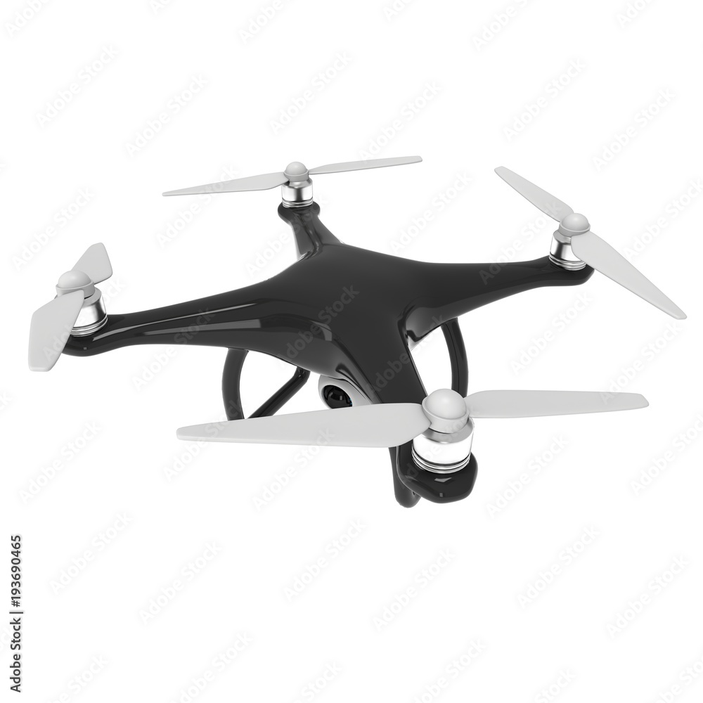 Remote control air drone. Dron flying with action video camera. 3d render Isolated on white background. Remote control air drone. Dron flying with action video camera. 3d render Isolated on white background.