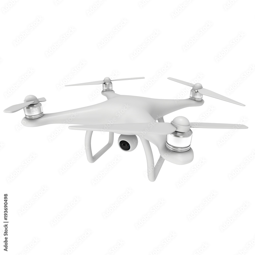 Remote control air drone. Dron flying with action video camera. 3d render Isolated on white background. Remote control air drone. Dron flying with action video camera. 3d render Isolated on white background.