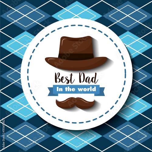 best dad in the world hat mustache ribbon decoration argyle pattern vector illustration