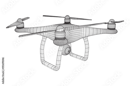 Remote control air drone. Dron flying with action video camera. Wireframe low poly mesh vector illustration