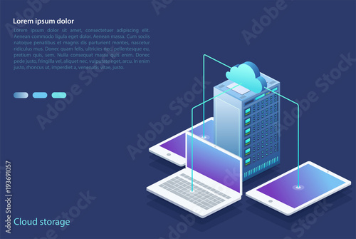 Data center with digital devices. Concept of cloud storage, data transfer. Data transmission technology.