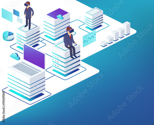 Concept of cloud storage and data transmission technology, virtual reality with business people.
