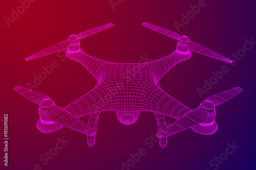 Remote control air drone. Dron flying with action video camera. Wireframe low poly mesh vector illustration